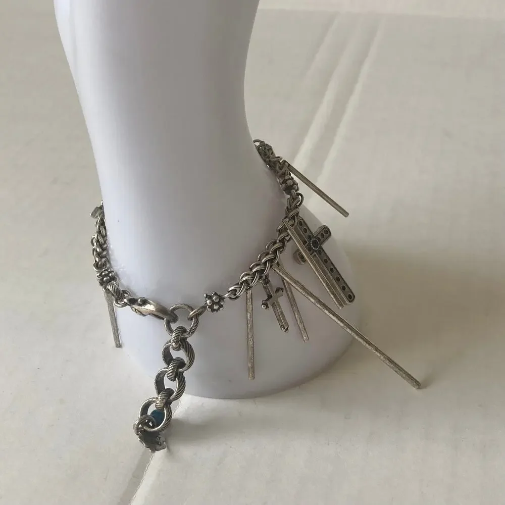 Lucky Brand Silver charm bracelet, antiqued metal chain with Cross dangles